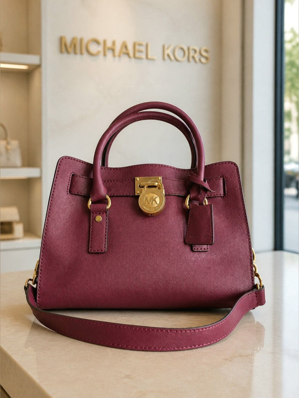 Michael Kors Medium Hamilton Burgundy Saffiano Leather Satchel With Dustbag